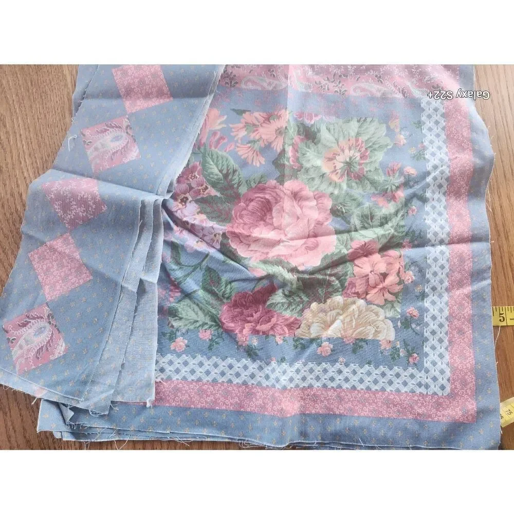 4 Foral Pillow Panels & Boarders - Pink & Blue Pastel Roses, carnations, Paisley